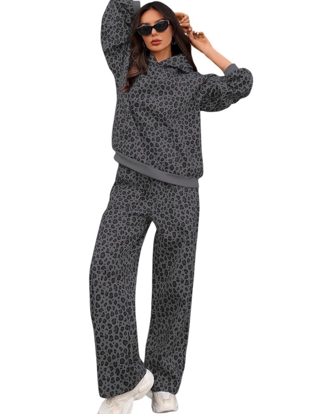 Women's Gray Leopard Print Hoodie & Wide-Leg Pants 2 pc Set
